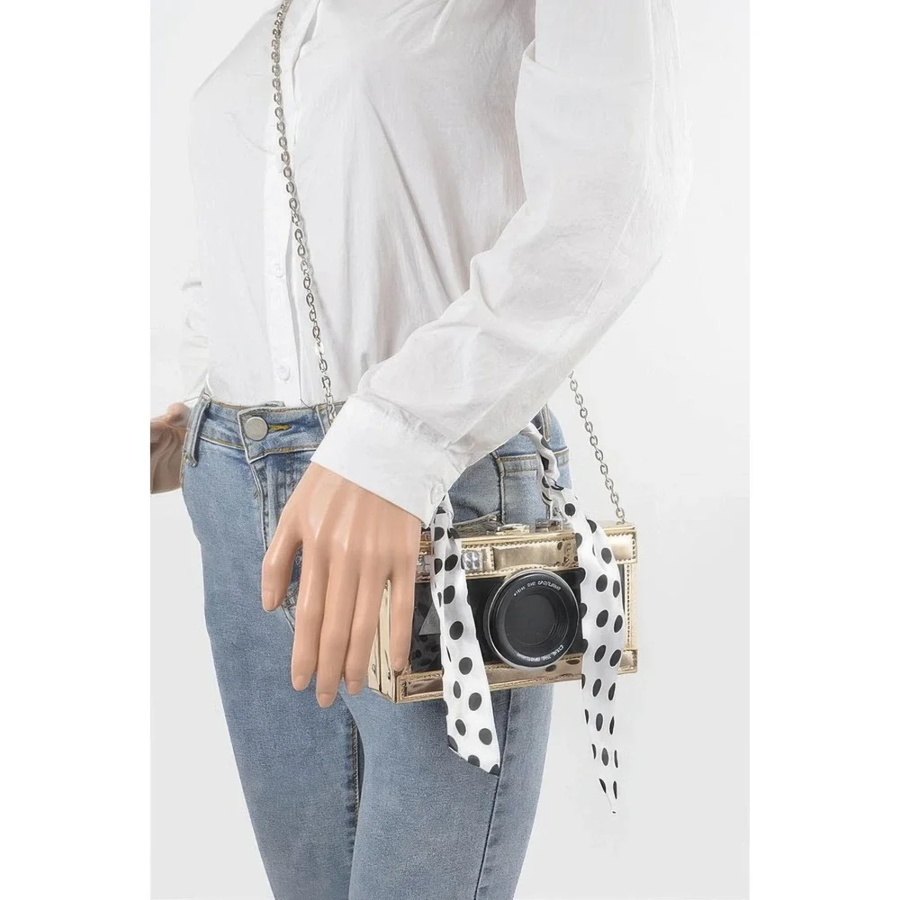 Gold Camera Novelty Box Clutch Crossbody Bag with Polka Dot Scarf‎ Handle